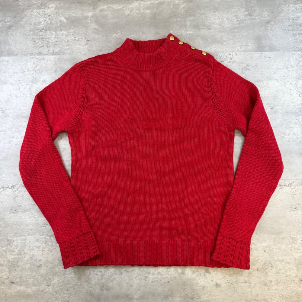 Lauren Ralph Lauren Red Cotton Mock Neck Button Shoulder Sweater Womens Medium